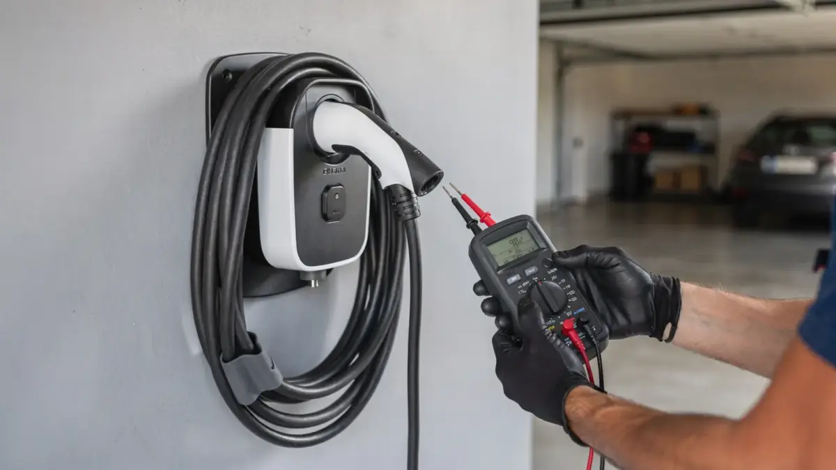 Techniker prüft eine Wallbox nach der Installation in der Garage