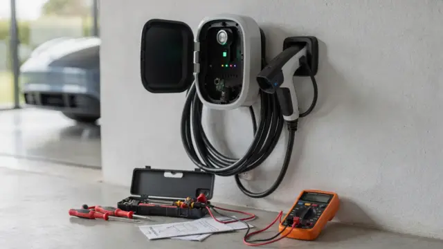 Wallbox bei der ersten Inbetriebnahme mit Statusanzeige in einer Garage