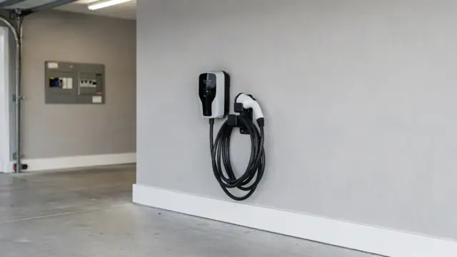 Wallbox an der Garagenwand mit Ladekabel und Sicherungskasten bei der Installation
