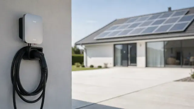 11-kW-Wallbox an einem Haus mit PV-Anlage für den Artikel zur Meldung beim Netzbetreiber