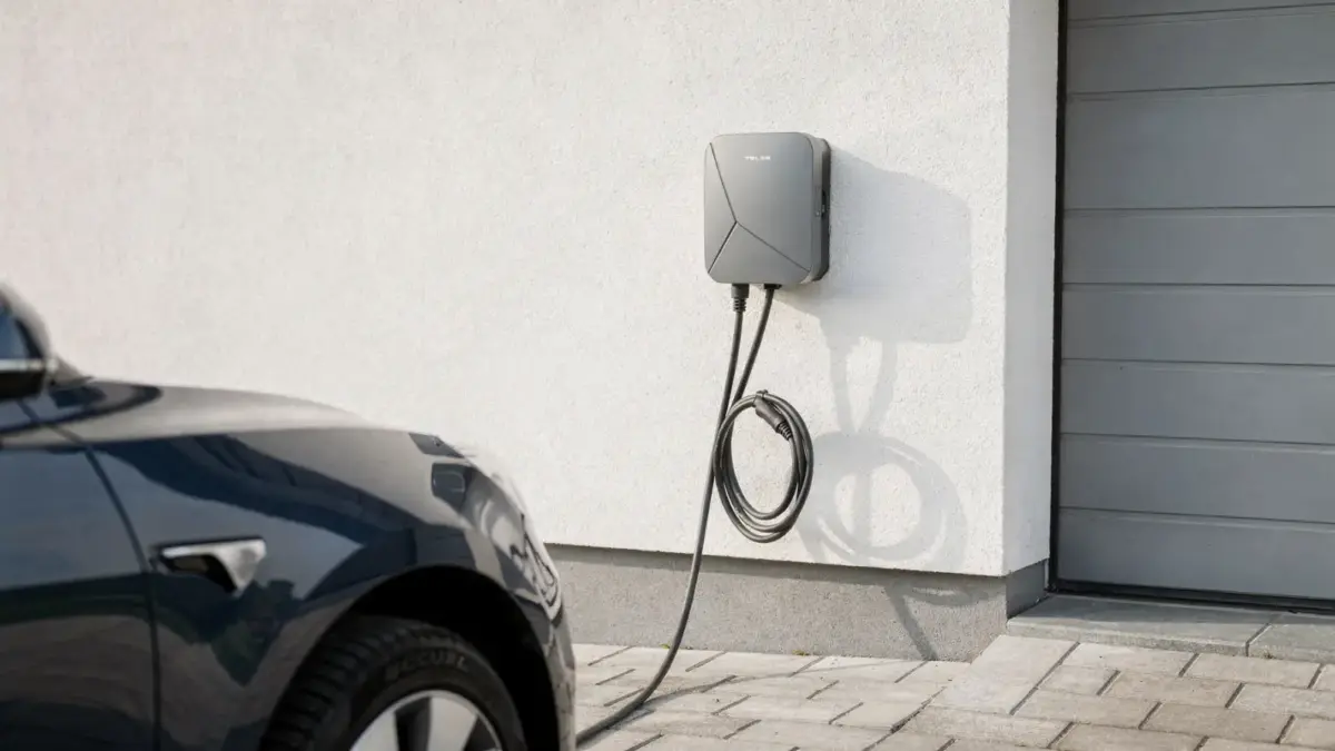 11-kW-Wallbox an einer Hauswand mit Ladekabel neben einem Elektroauto