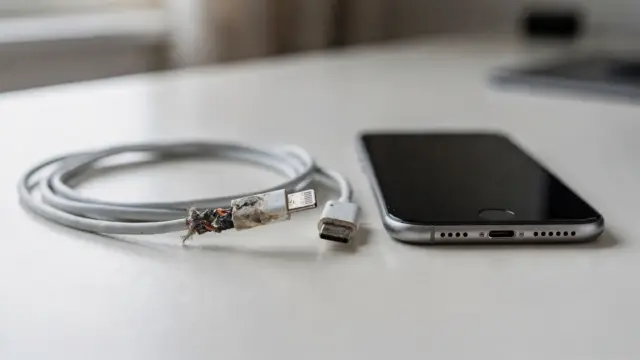 Beschädigtes Ladekabel neben intaktem Kabel und Smartphone auf dem Tisch