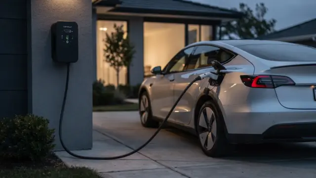 E-Auto-Tarif zuhause: Wallbox an der Hauswand mit angeschlossenem Elektroauto