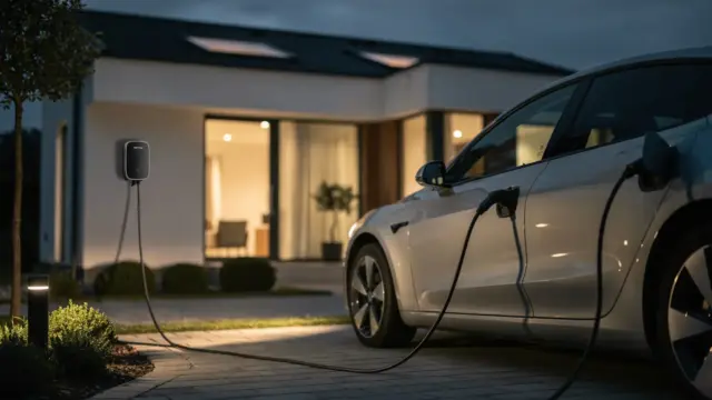 Wallbox an einem E-Auto in der Nacht zum Thema Nachtstromtarif für die Wallbox