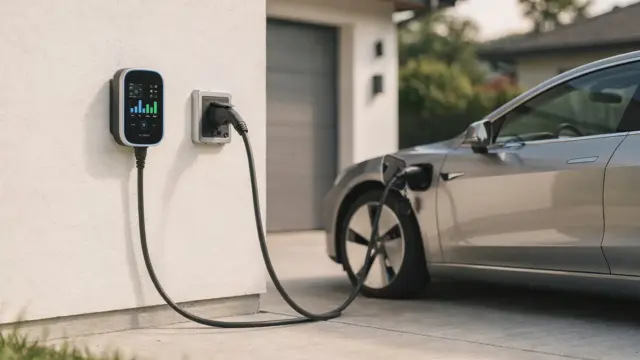 Wallbox am Haus mit Elektroauto und Stromzähler zu variablen Strompreisen beim Laden zu Hause
