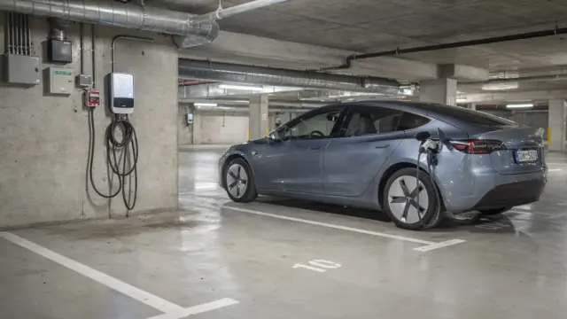 Wallbox in der Tiefgarage an der Wand neben einem Elektroauto – Thema Mietrecht und WEG