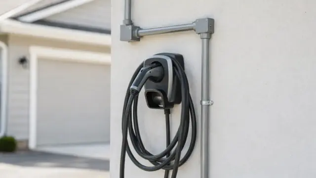 Wallbox an einer Hauswand vor einer Garage als Beispiel für eine bauliche Veränderung und Genehmigung