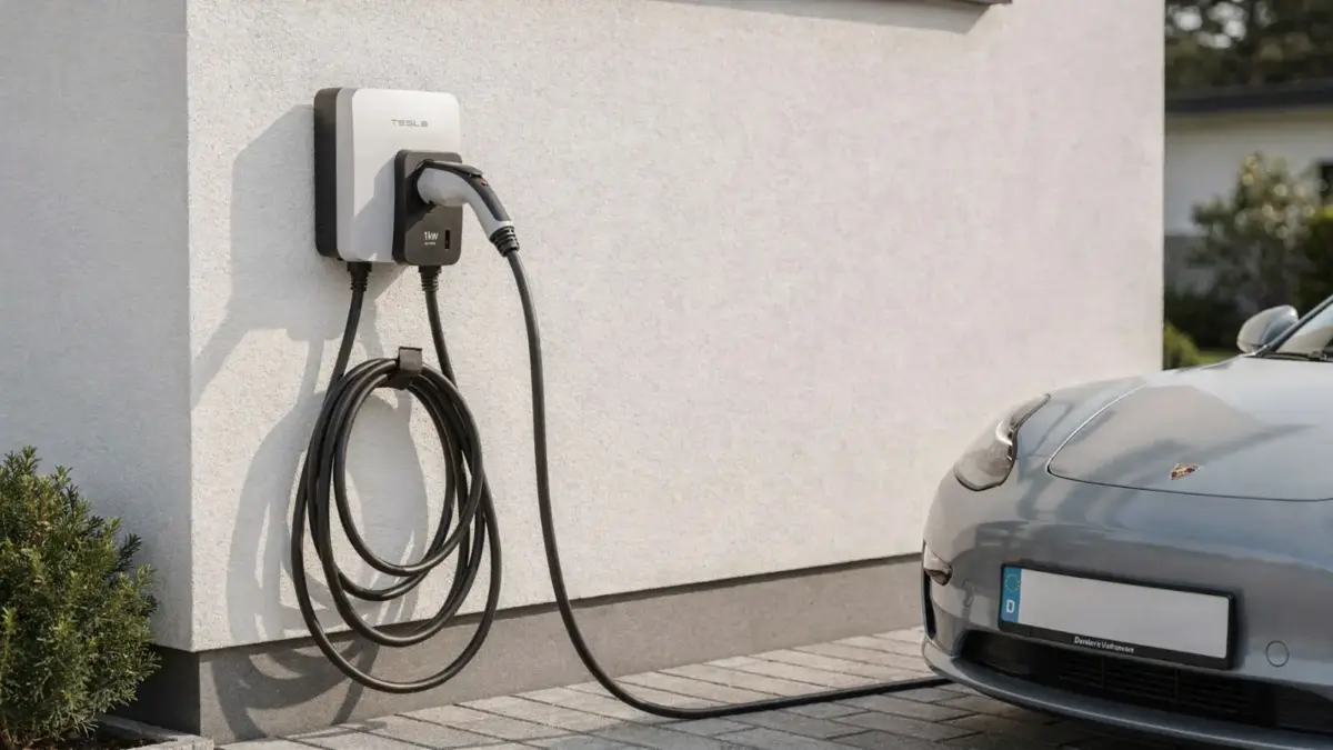 Wallbox 11 kW an einer Hauswand beim Laden eines Elektroautos in Heidelberg