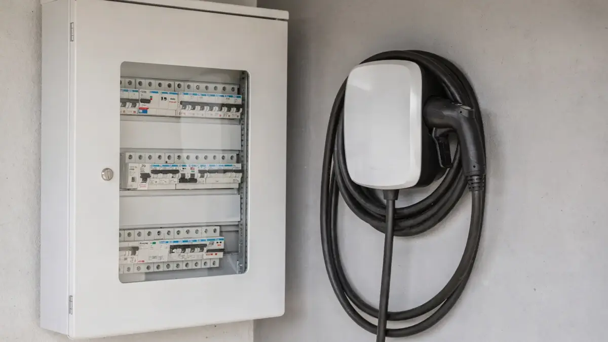 Hausanschluss und Sicherungskasten mit angeschlossener Wallbox in einer Garage.