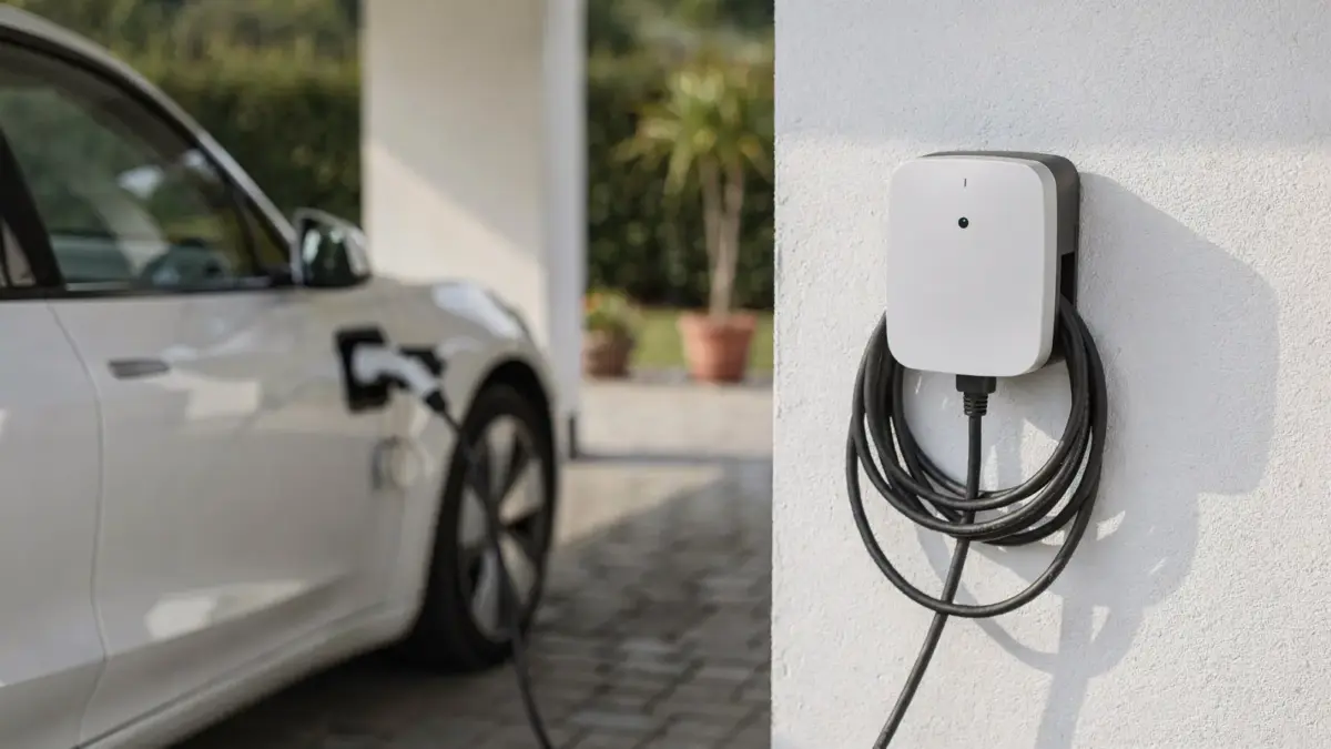 11-kW-Wallbox von Mennekes an einer Hauswand neben einem Elektroauto