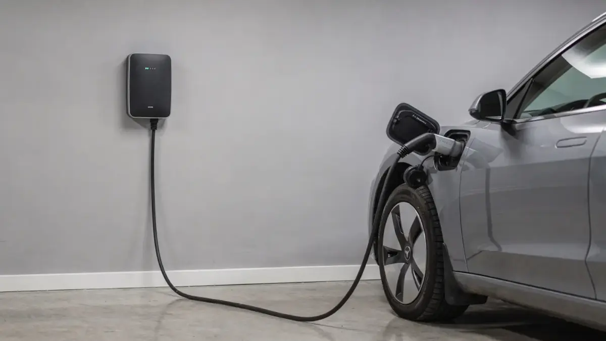 Elektroauto an Wallbox mit Ladekabel in einer Garage, Thema Phasenzahl beim Onboard-Lader