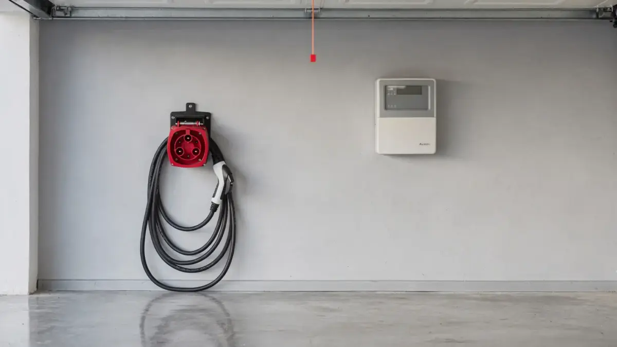 CEE-16A- und CEE-32A-Anschlüsse in einer Hausgarage beim Laden eines Elektroautos