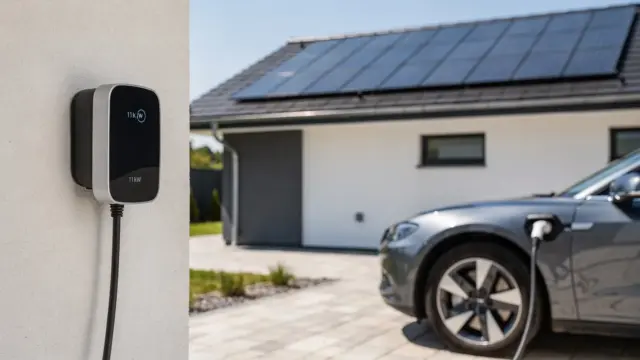 Wallbox an einem Haus mit Solaranlage und angeschlossenem Elektroauto im Alltag